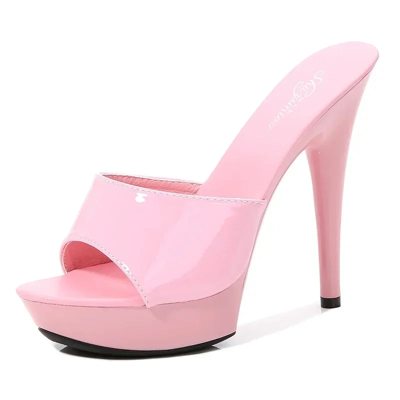 Womens Slippers Mule Patent Leather Sandals Sexy Fashion 13CM Slides Party Shoes for Woman Luxury Red Sandals Summer Comfortable LadyShow.Store