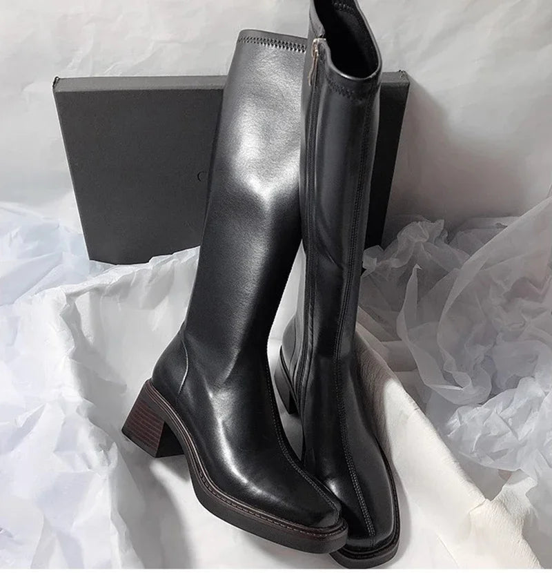 Vintage Thick Heel Women Knee High Boots Fashion Side Zippers Shoes Autumn Winter Ladies Concise Long Botas De Mujer Pi-Mart