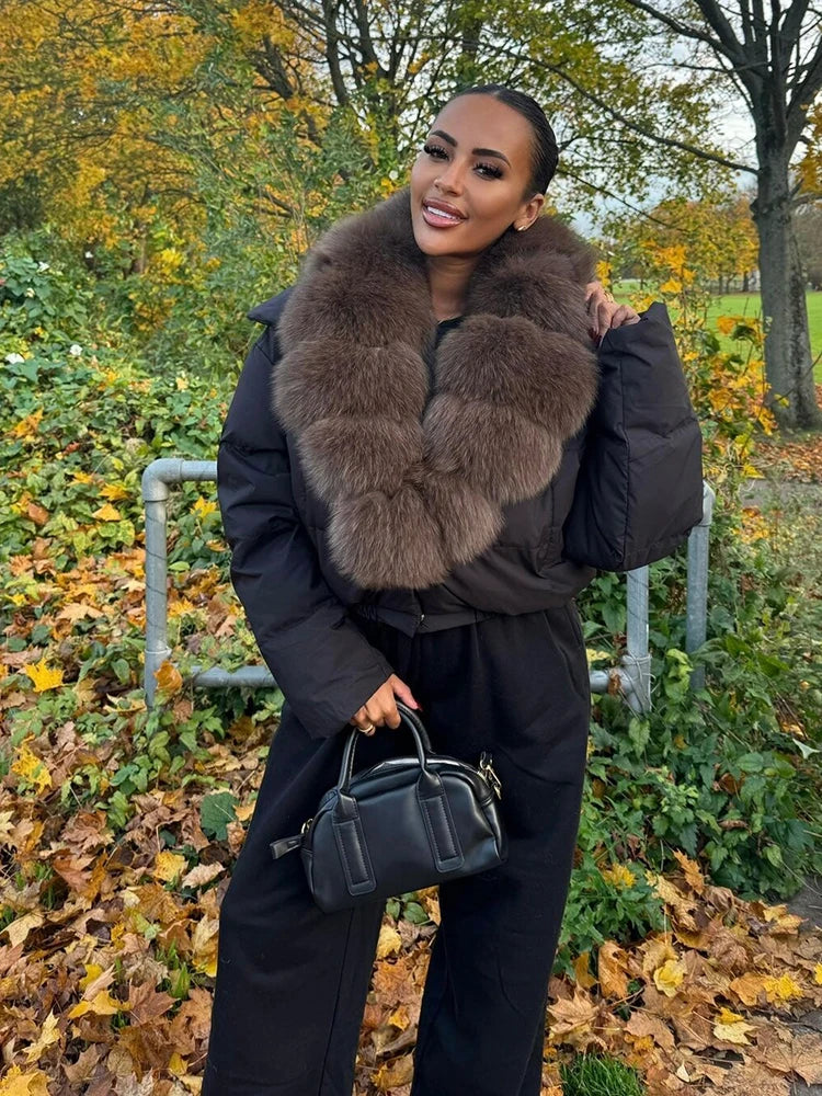 Luxury Thick Faux Fox Fur Collar Cropped Puffer Coat Women Oversized Lapel Zip Up Short Warm Windproof Winter Outerwear Jacket Pi-Mart