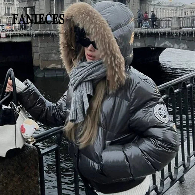 Russian Winter Warm Faux Fur Hooded Quilted Puffer Jacket Women Y2K Retro Padded Short Coat Casual Parka Glossy Outerwear куртка LadyShow.Store