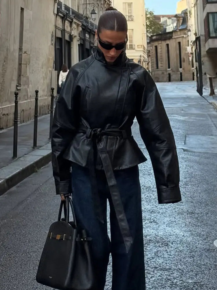 HH Women Fashion Black Short Faux Leather Trench Coat Long Sleeve Lapel Jacket With Belt Vintage Lady Motorcycle Jacket Outwear LadyShow.Store