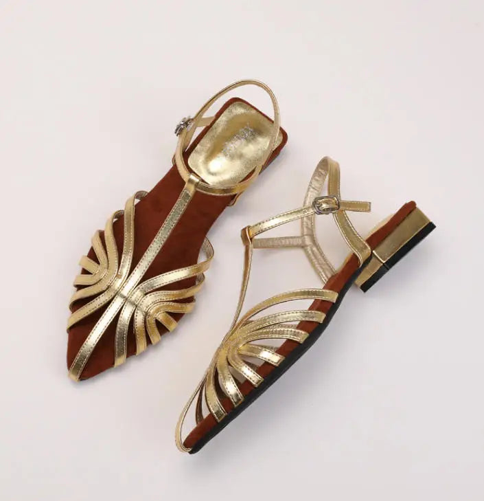 ZAROY Women Roman Sandals Summer Low Heel Ankle Strap Buckle Sandals Pointed Toe Hollowed Out T-strap Sandalias сандали LadyShow.Store