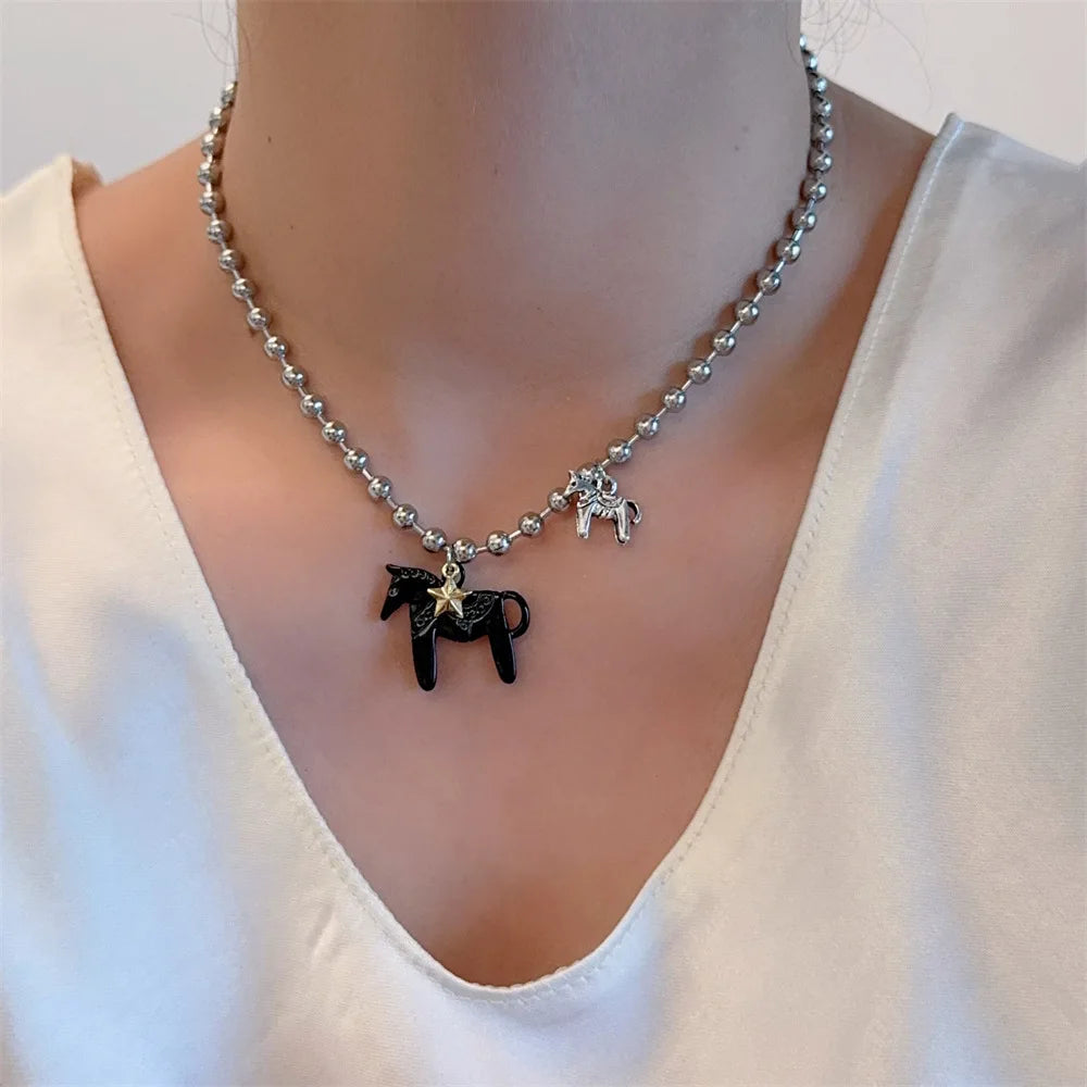 LATS White Black Green Blue Pink Color Enamel Colt Horse Pendant Necklaces for Women Silver Plated Alloy Beads Chain Chokers Pi-Mart