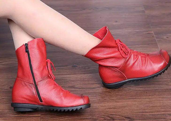 Genuine Leather Plush women's short Boots Retro Casual Autumn Winter Women Boots Waterproof warm Snow boots Plus Size 42 Pi-Mart