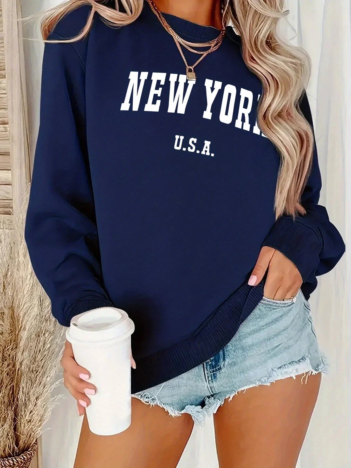 Women's Casual USA Print Pullover Sweatshirt Geometric Design Long Sleeve Round Neck Machine Washable Regular Fit for Autum LadyShow.Store