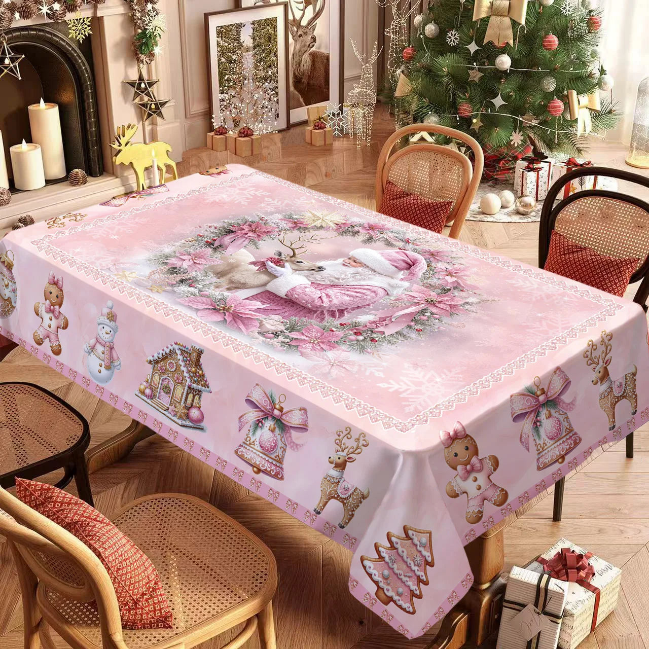 Christmas Rectangle Tablecloth, Poinsettia Design Tablecloth For New Year Party And Dinner Christmas Table Decor Tablecloth Pi-Mart