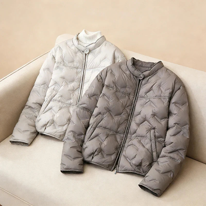 Schinteon Women White Duck Down Lightweight Puffer Quilted Jacket Stand Collar Fashion Autumn Winter Short Coat 2026 New LadyShow.Store