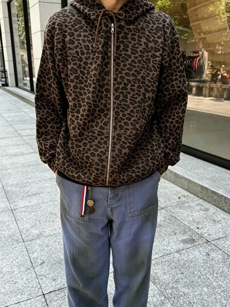 Y2K Leopard Print Hooded Jacket Women Full Zip Drawstring Hood Long Sleeve Loose Fit Streetwear Street Club Ladies Outerwear Pi-Mart
