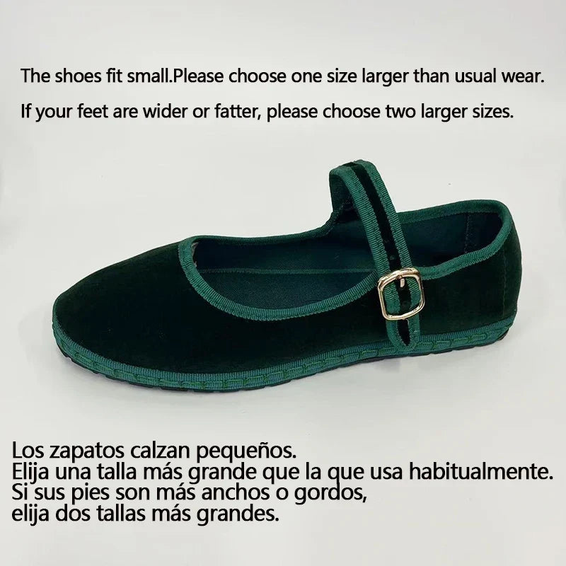 Velvet Mary Jane Shoes for Women Hand Stitch Casual Streetwear Ballet Flats Pumps Female Solid Color Red Cloth Shoes Loafers LadyShow.Store
