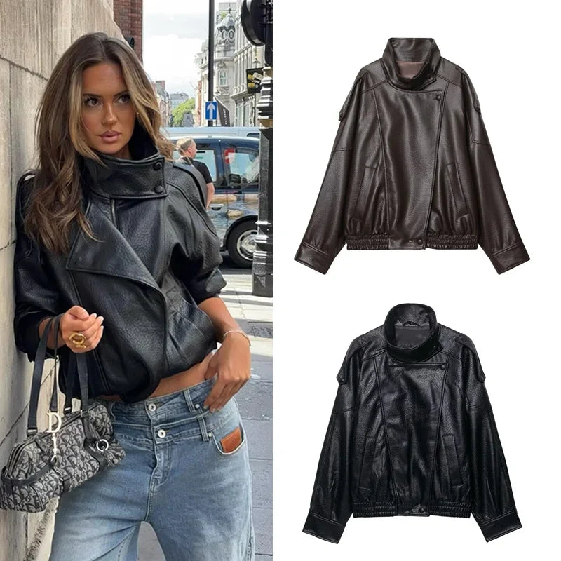 Women's Faux Leather Jacket New Fashion Long Sleeve Versatile Jacket Personality Chic Women Coat Autumn Winter Ladies Outerwear LadyShow.Store