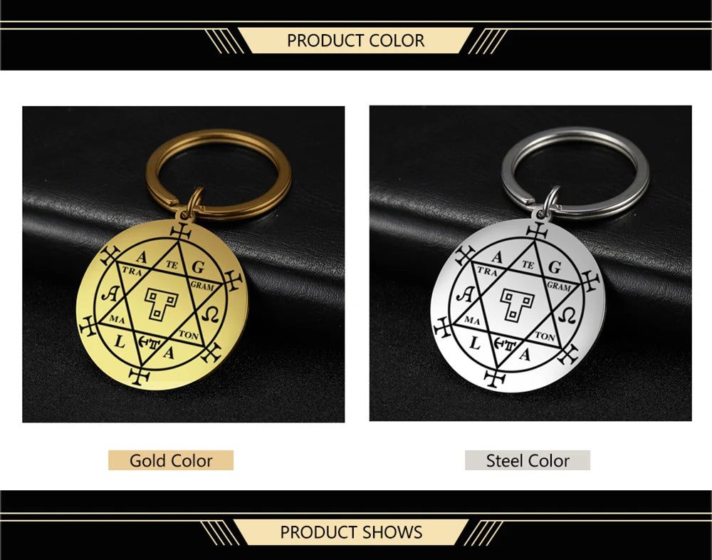 Dawapara Protection Secret Seal of Solomon Pendant Keychain Witchcraft Hexagram Wealth Fortune Amulet Stainless Steel Jewelry Pi-Mart