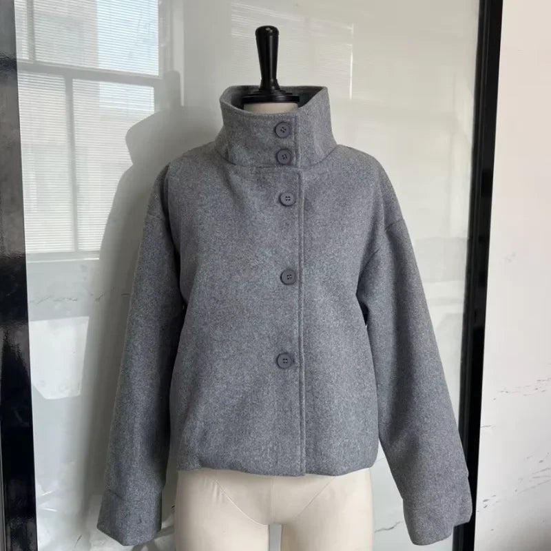 Fashion Short Woolen Coat For Women Stand Collar Full Sleeve Loose Zipper Jacket Female 2025 Spring Autumn Solid Lady Outwear LadyShow.Store