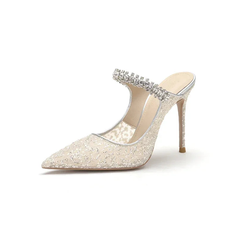New Fashionable Thin Heel Pointed Water Diamond Mesh Hollow Sandals with Design Sense Half Dragged Muller Shoes ForOuterwear Pi-Mart
