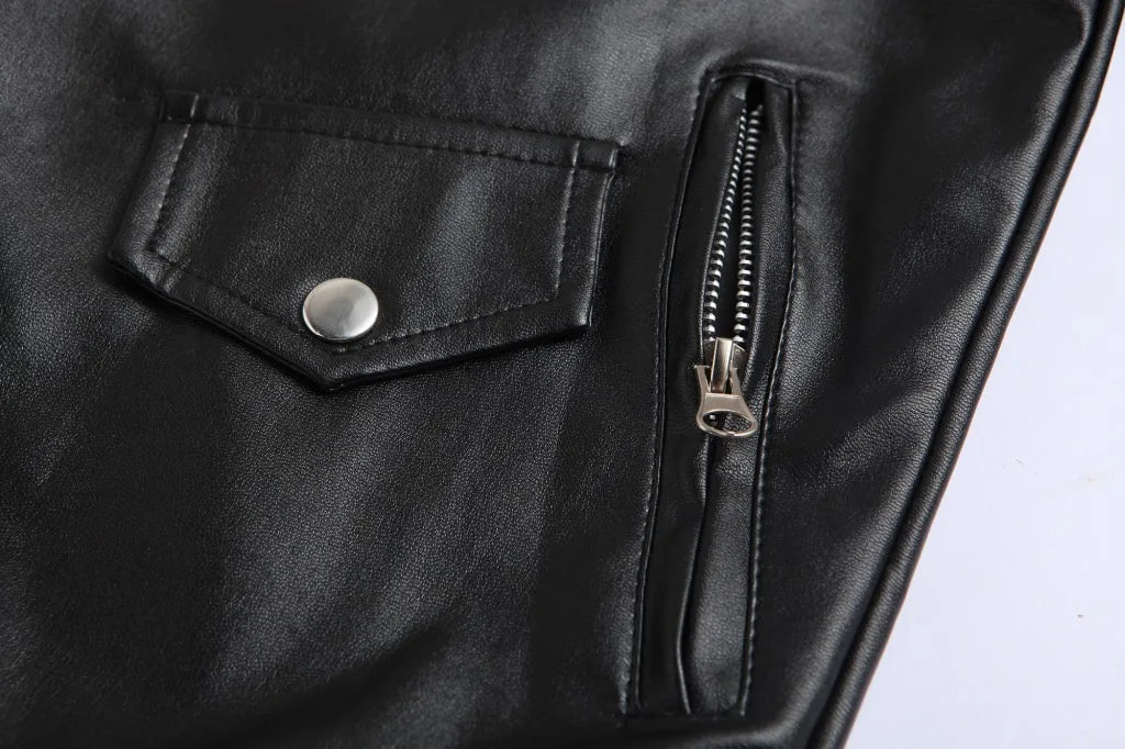 2023 Mens Fashion Leather Jacket Slim Fit Stand Collar PU Jacket Male Anti-wind Motorcycle Lapel Diagonal Zipper Jackets Men Pi-Mart