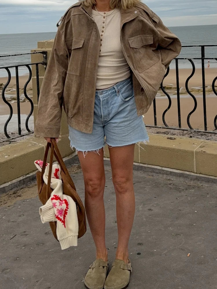 Brown Retro Suede Lapel Zippered Short Jackets Women's Casual Full Sleeves Pocket Loose Coats 2026 Spring Daily Commute Outwear LadyShow.Store