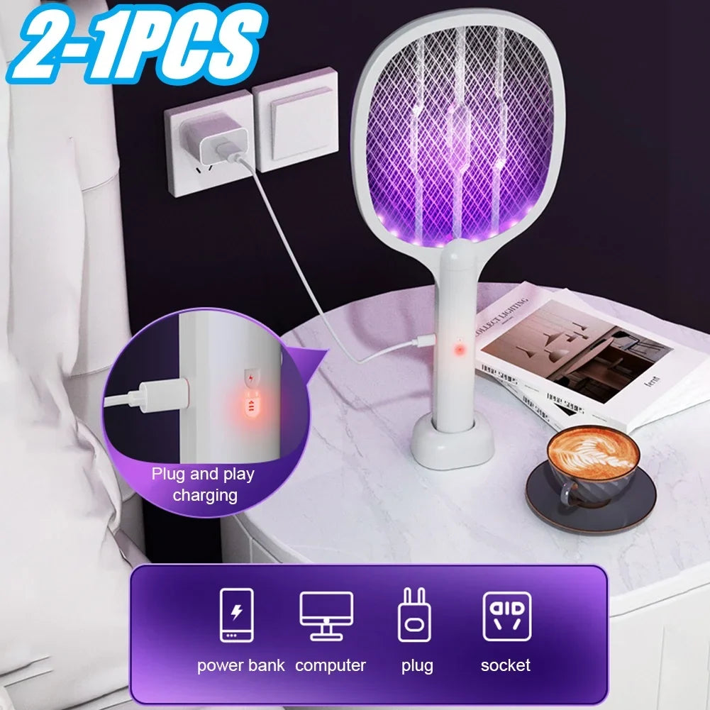 2 in 1 Multi functional Bug Zapper Racket USB Rechargeable Mosquito Killer Safe Electric Mosquito Swatter Pest Control Supplies LadyShow.Store