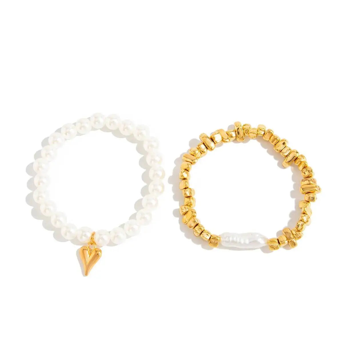 2Pcs/Set Elegant Imitation Pearl Bracelet for Women Bohemian Elastic Rope Chain Bracelet with Heart Pendant Jewelry Gift Pi-Mart