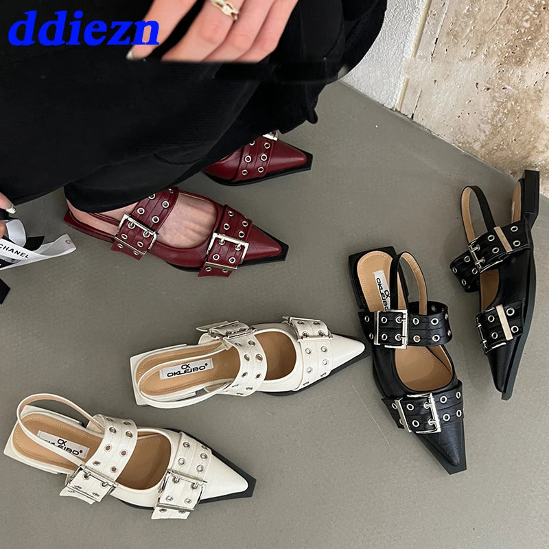 Women Flat With Shoes 2026 Designer Luxury Buckle Fashion Ladies Flats Shoes Slingback Pointed Toe Casual Female Sandals Mules Pi-Mart