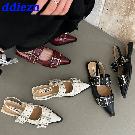 Women Flat With Shoes 2026 Designer Luxury Buckle Fashion Ladies Flats Shoes Slingback Pointed Toe Casual Female Sandals Mules Pi-Mart