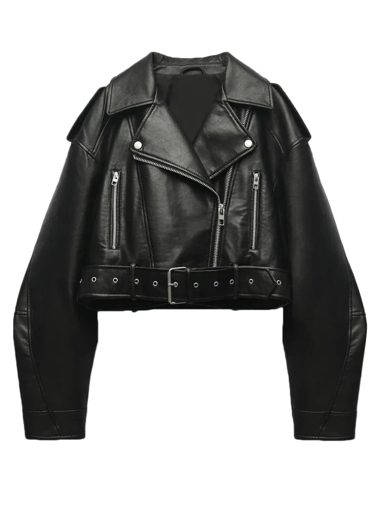 Fitaylor Women Faux PU Leather Jacket Casual Lady Lapel Zipper Short Leather Jacket High Street Motorcycle Coat LadyShow.Store
