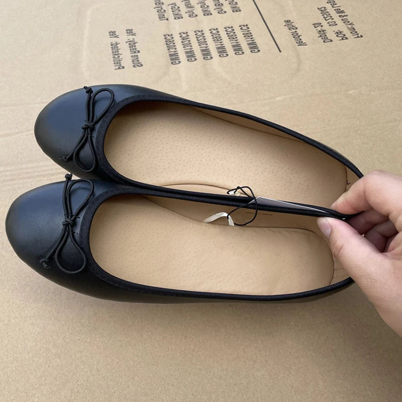 Aneikeh Spring Autumn Elegant Bowknot Ballerina Flat Women's Round Toe Comfort Slip-On Loafers Black Leather Mules Ladies Shoes Pi-Mart
