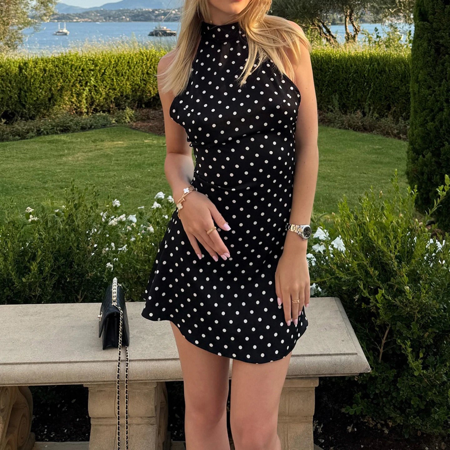 SUCHCUTE Sexy Polka Dot Print Halter Dress For Women Elegant Party Slim Backless Sleeveless Mini Dress Summer Vacation Outfits Pi-Mart
