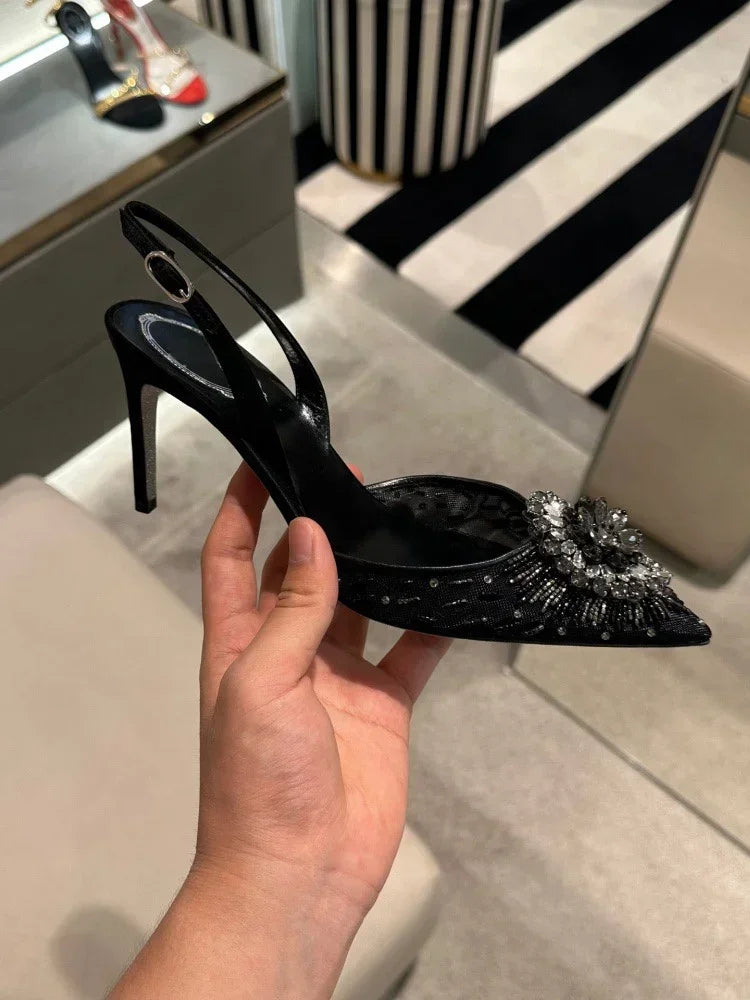 White Wedding Shoes, Rhinestone Pointed Crystal Toe Sandals, New High-heeled Shoes, Sexy Single Shoes Pi-Mart