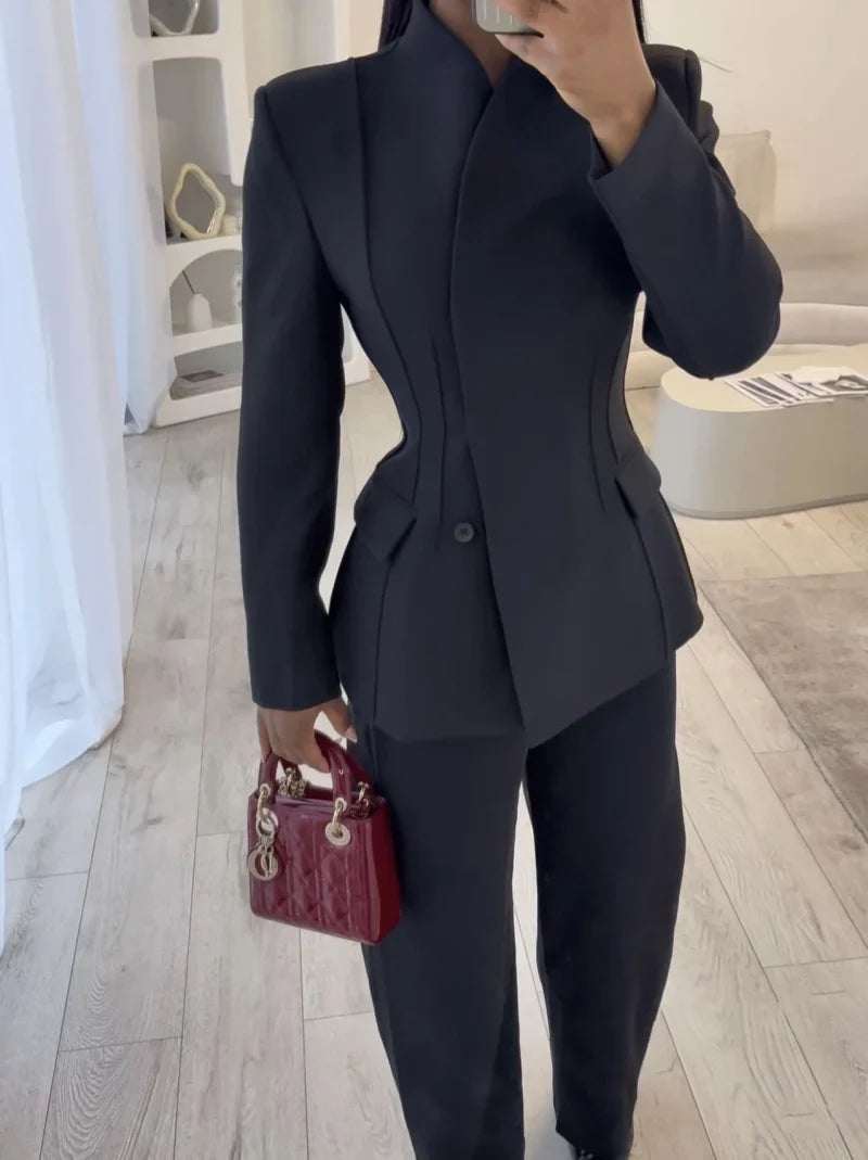 ETJ 2025 women's new fashion design three-dimensional cut high collar slim suit jacket & matching casual trousers LadyShow.Store