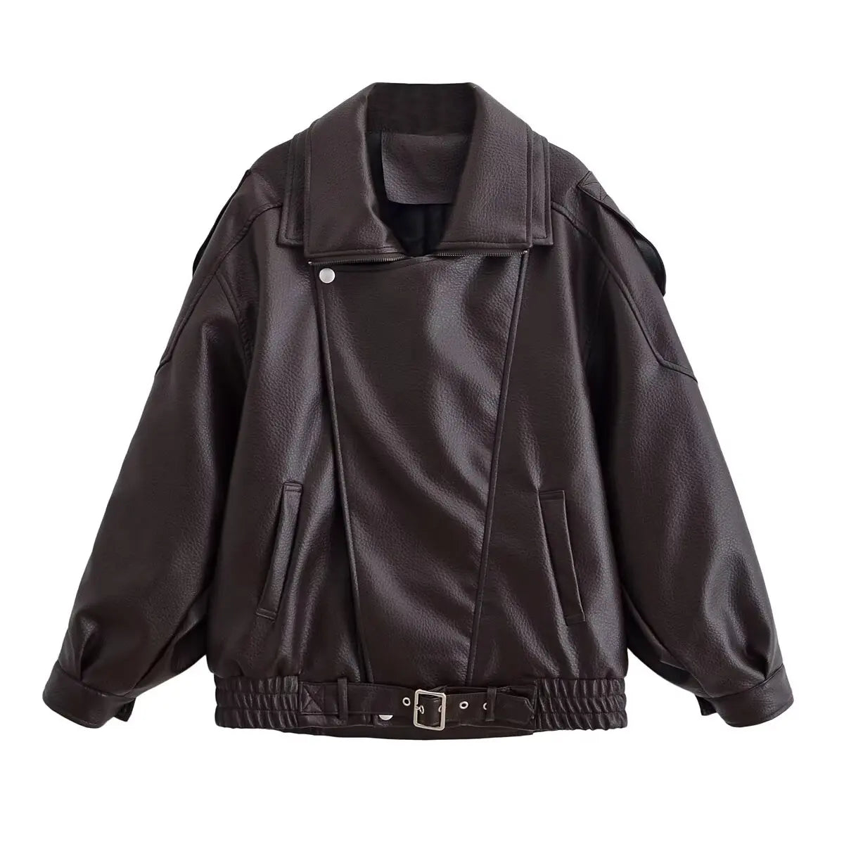 HH Autumn Faux Leather Jacket For Women Casual Solid Long Sleeve Zipper Pu Leather Coats New Fashion Female Streetwear Pi-Mart
