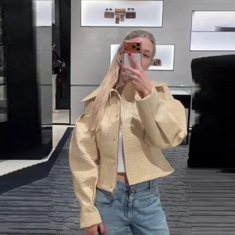 Vintage Casual Zippers Short Coats Women's Loose Full Sleeves Waist-cinching Lapel Collar Jacket 2026 New Spring Lady Streetwear