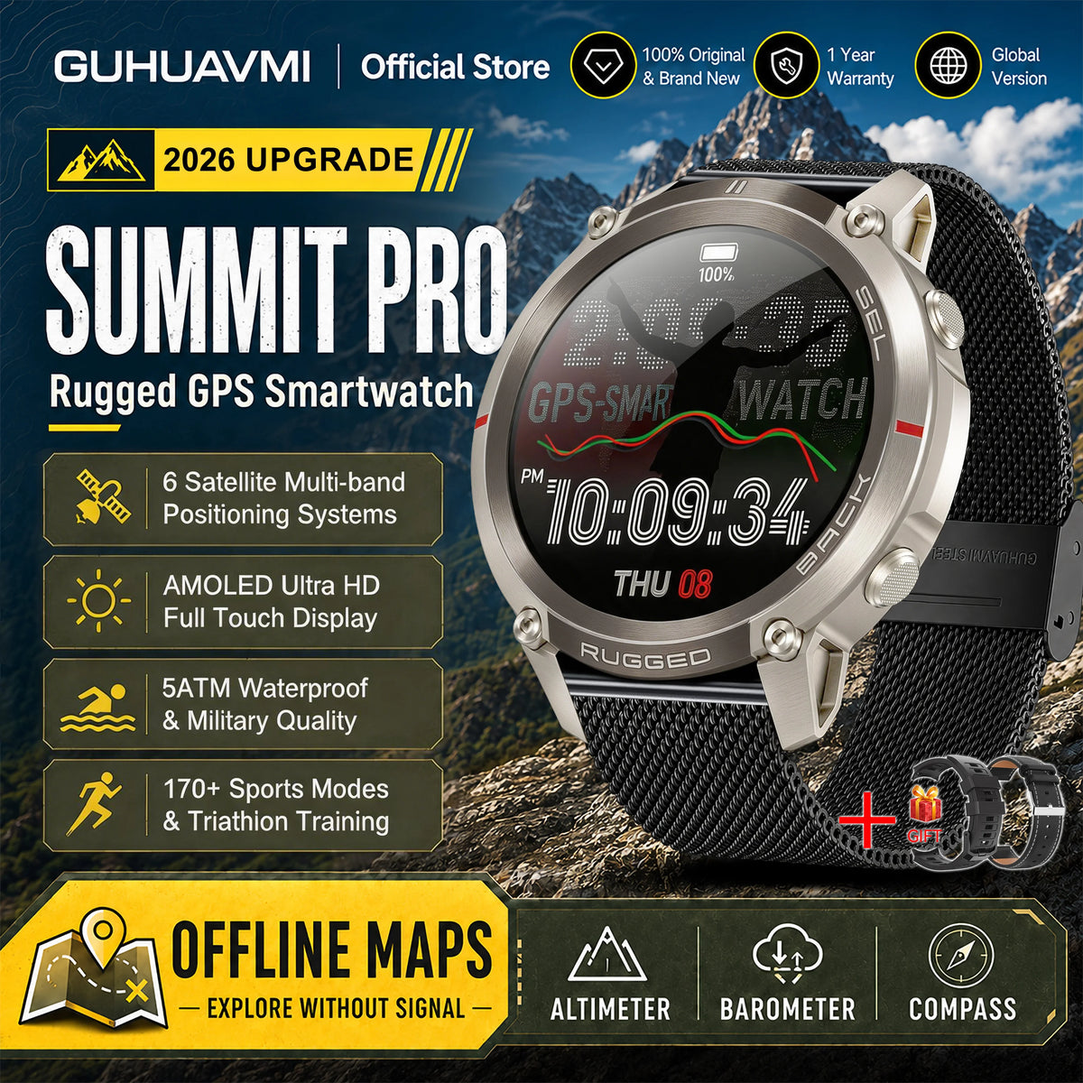 2026 Military Satellite Offline Map GPS Smart Watch Men 1.43''AMOLED Bluetooth Call Compass 5ATM Waterproof 170+Sport Smartwatch Pi-Mart