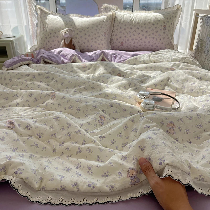 Summer Quilt Korean Style Duvet with Lace Single/Queen Size Comforter Flower Printed Quilted Blanket 여름이불 (No Pillowcase) Pi-Mart