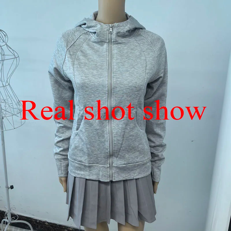 Gray Zipper Hooded Sweatshirt Women 2025 New Korean Slim Fit Cardigan Long Sleeve Coat Woman Solid Pockets Sports Hoodies Jacket LadyShow.Store