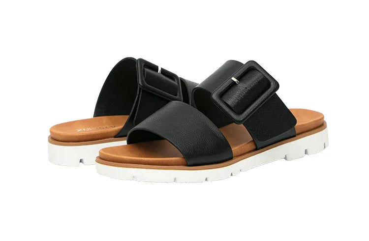 Adjustable Square Buckle Women Slide Sandals Two Strap Platform Slippers Low Heel Soft Sole Summer Open Toe Walking Casual Shoes Pi-Mart