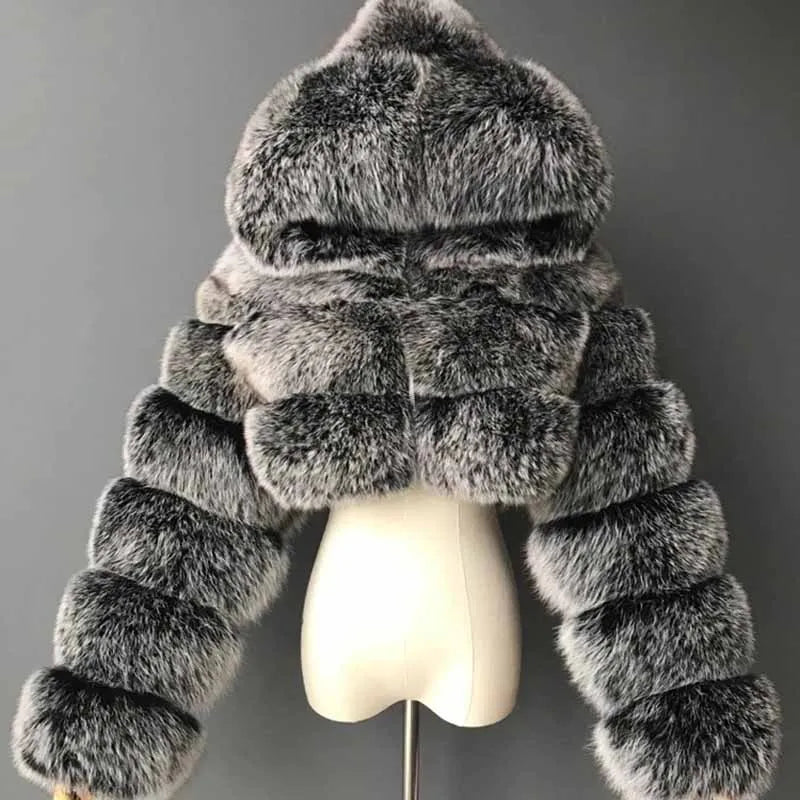 High Quality Furry Cropped Faux Fur Coats Jackets Women Fluffy Top With Hooded Winter Fur Jackets Fourrure Manteau Femme JH137 Pi-Mart