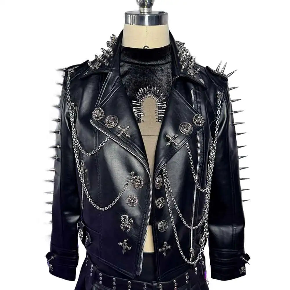 Gothic E-Girls Skull PU Leather Jacket Y2K Trendy Punk Rock Harajuku Chain Cross Street Wear Digital Glitch Core Club Goth Pi-Mart
