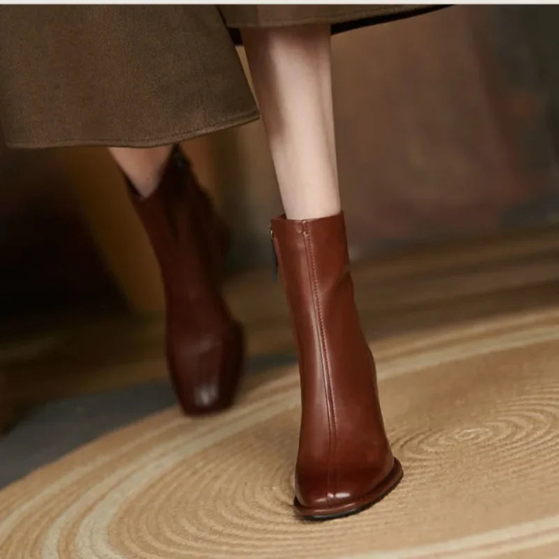 2024 Autumn and Winter New Fashion Square Head Retro High Thick Heel Side Zipper Skinny Short Boots Women's All-match Nude Boots Pi-Mart