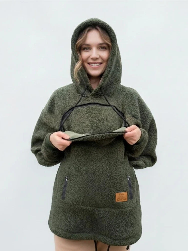 Ladies Winter Hooded Lamb Velvet Zipper Kangaroo Pocket Cat Dog Mommy Outwear Sweatshirt Comfortable Street Style Trendy Fashion LadyShow.Store