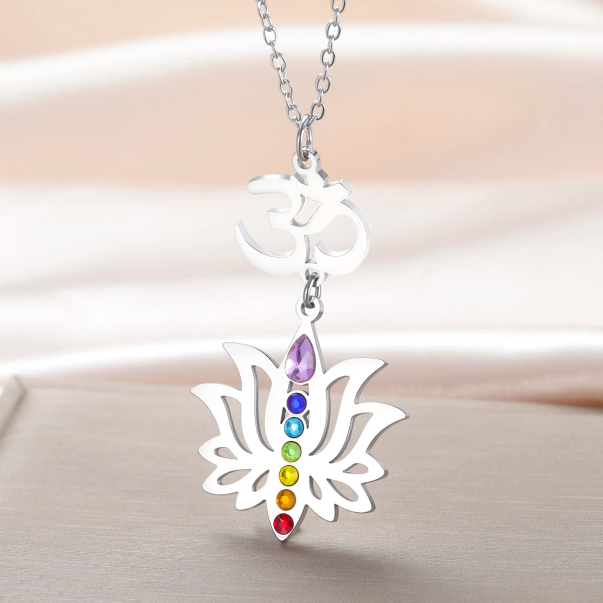 Gold Plated 7 Chakra Lotus Flower Necklace with Om Symbol Spiritual Yoga Jewelry Seven Colorful Zircon Lotus Flower Necklace Pi-Mart