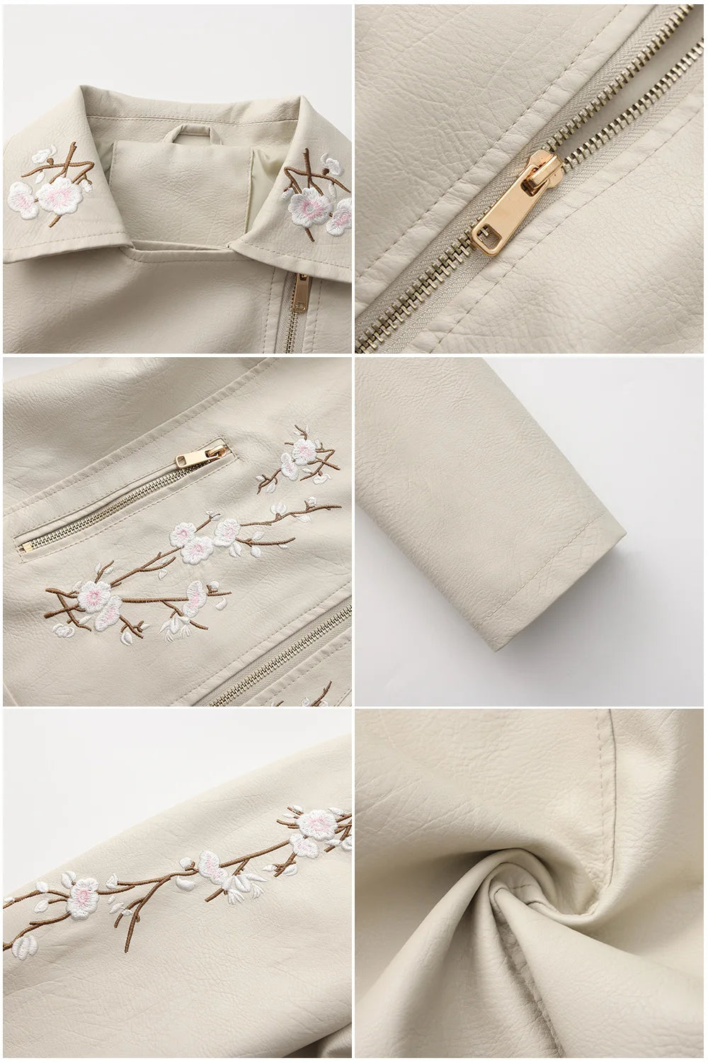 New Fall Women's Black Faux Leather Jacket; White Floral Embroidered PU Coat; Dark Brown Motorcycle-style Top. Pi-Mart