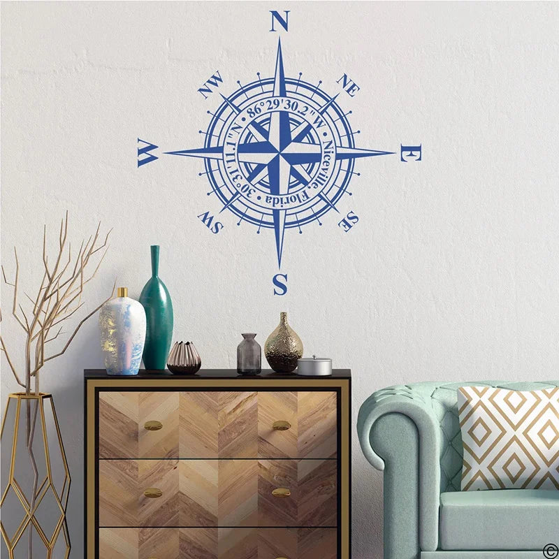 Customizable Compass Rose Wall or Ceiling Decal, Add Your Own Coordinates, Town, State or Family Name Nautical Home Decor AB37 LadyShow.Store