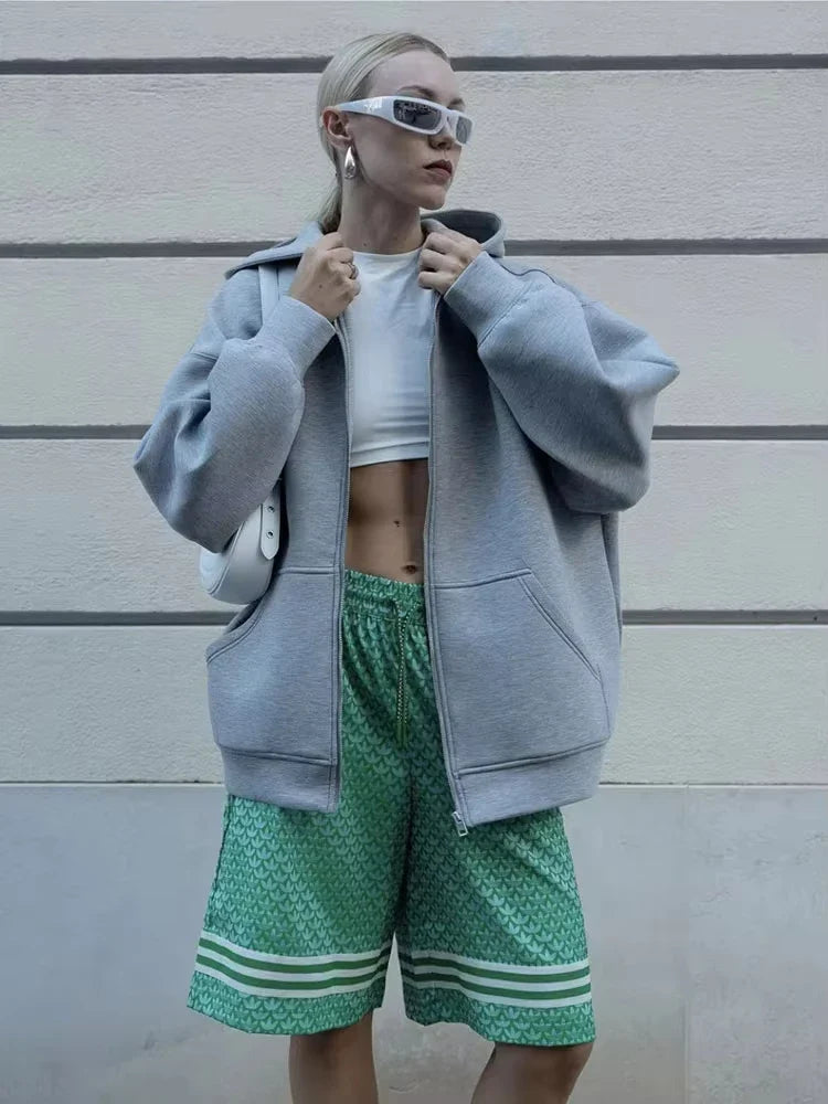 HH Autumn Women Casual Hooded Jacket Loose Oversize Zipper Hoodie Sweatshirts Solid Coat Office Lady Chic Outwear Tops LadyShow.Store