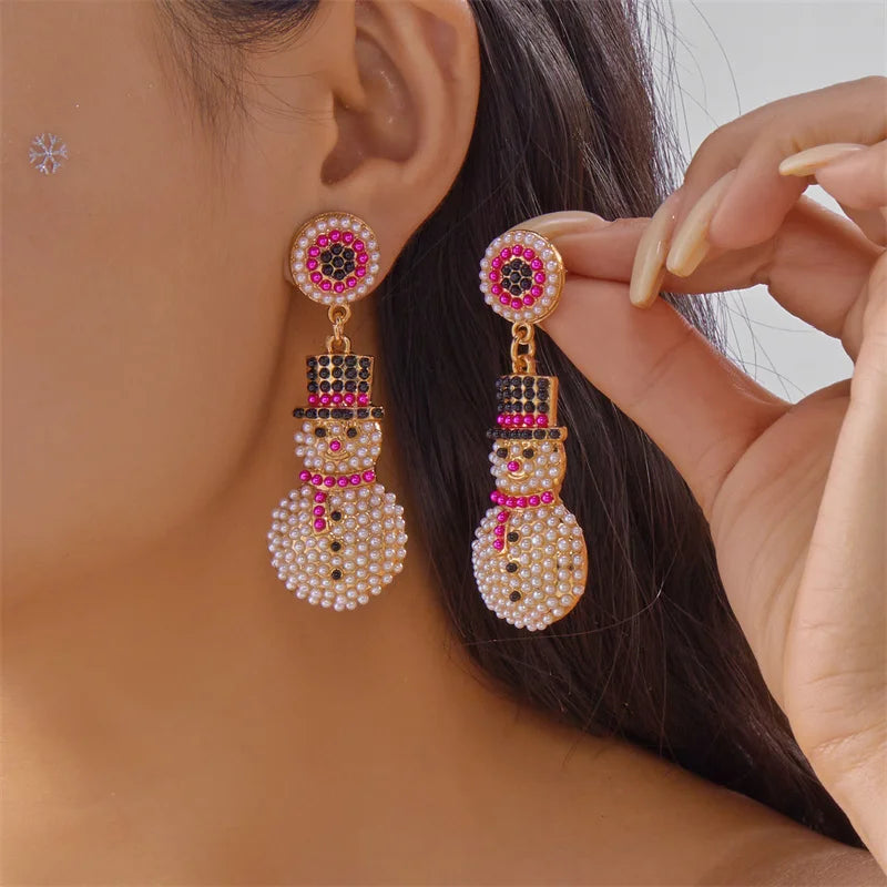 Creative Christmas Grandpa and Grandma Zircon Stud Earrings For Women White Pearl Crystal Snowman Elk Earring New Year Jewelry Pi-Mart