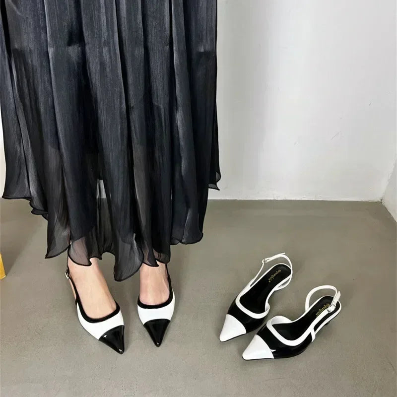 Designer Black White Mixed Color Low Heeled Sandals Women Sexy Pointed Toe Slingbacks Chunky High Heels for Women Elegant Heels LadyShow.Store