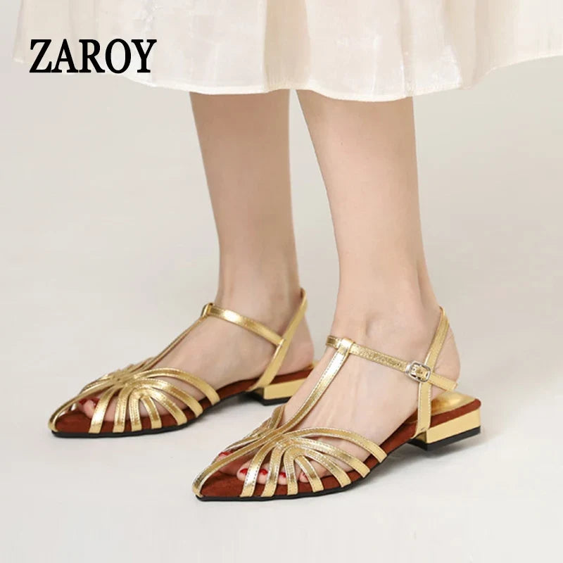 ZAROY Women Roman Sandals Summer Low Heel Ankle Strap Buckle Sandals Pointed Toe Hollowed Out T-strap Sandalias сандали LadyShow.Store
