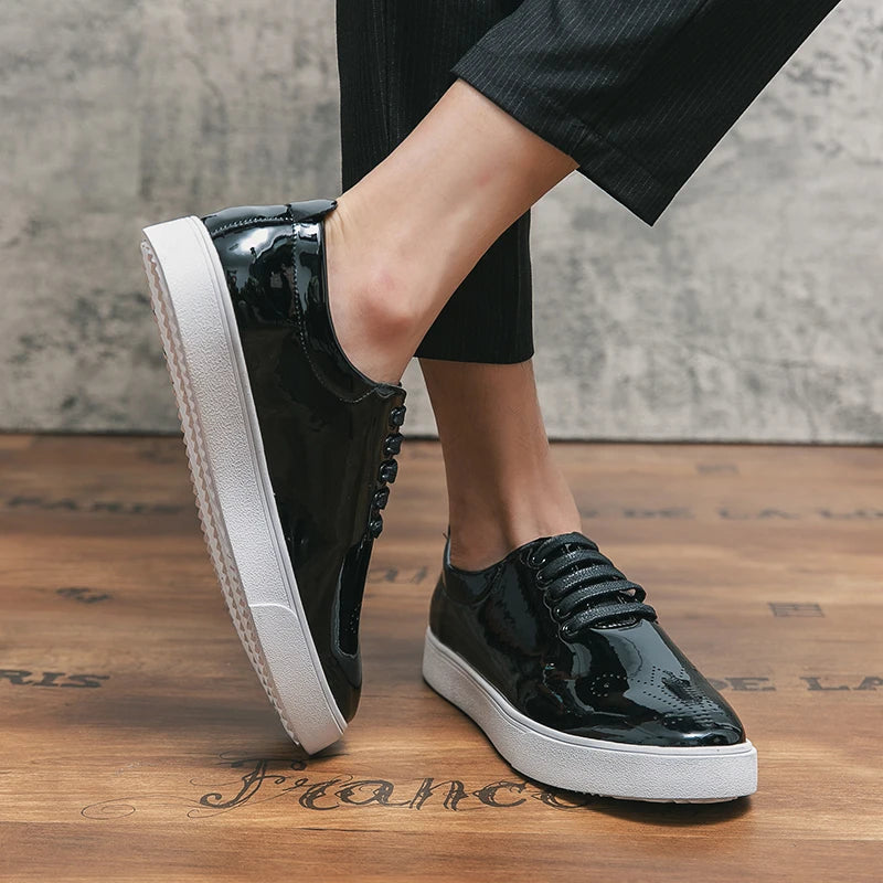 Spring Autumn Leather Shoes High Quality Patent Leather Casual Shoes Lace Up Sneakers Green Fashion Sole Designer Leather Shoes Pi-Mart