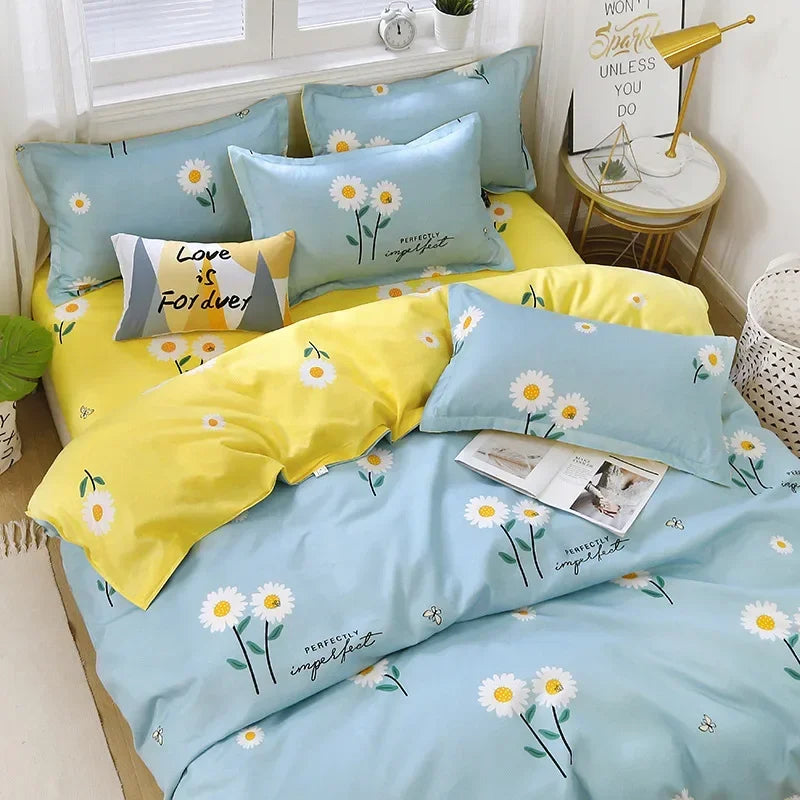 Daisy Printed King Size Duvet Cover Set with Sheets High Quality Washed Cotton Bedding Set Queen Home Bed Sets Comforter Covers LadyShow.Store