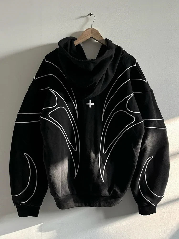 Street Retro Fashion Clothing Striped Embroidered Black Double Zipper Hoodie American Hip-hop Punk Oversized Sweatshirt women LadyShow.Store