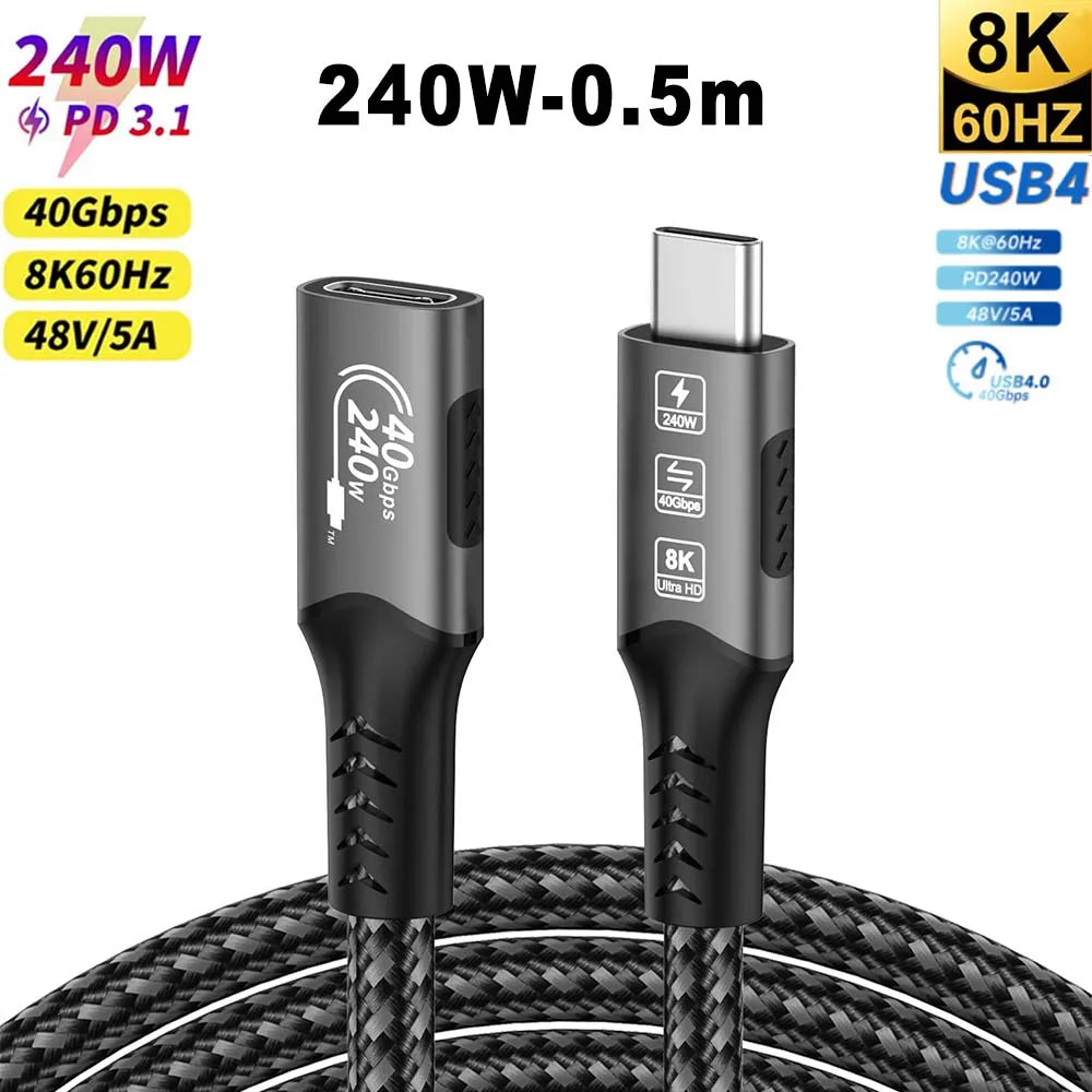 USB4 Cable 40Gbps 48V 240W For Thunderbolt 4 Type C Fast Charging Cable Thunderbolt3 USB C to C Data Transfer Cable For Laptop Pi-Mart