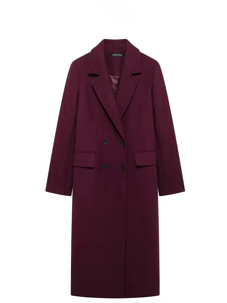 HH Women Fashion Burgundy Coat Double Breasted Long Sleeve Lapel Blends Jacket Autumn Winter High Street Outerwear LadyShow.Store
